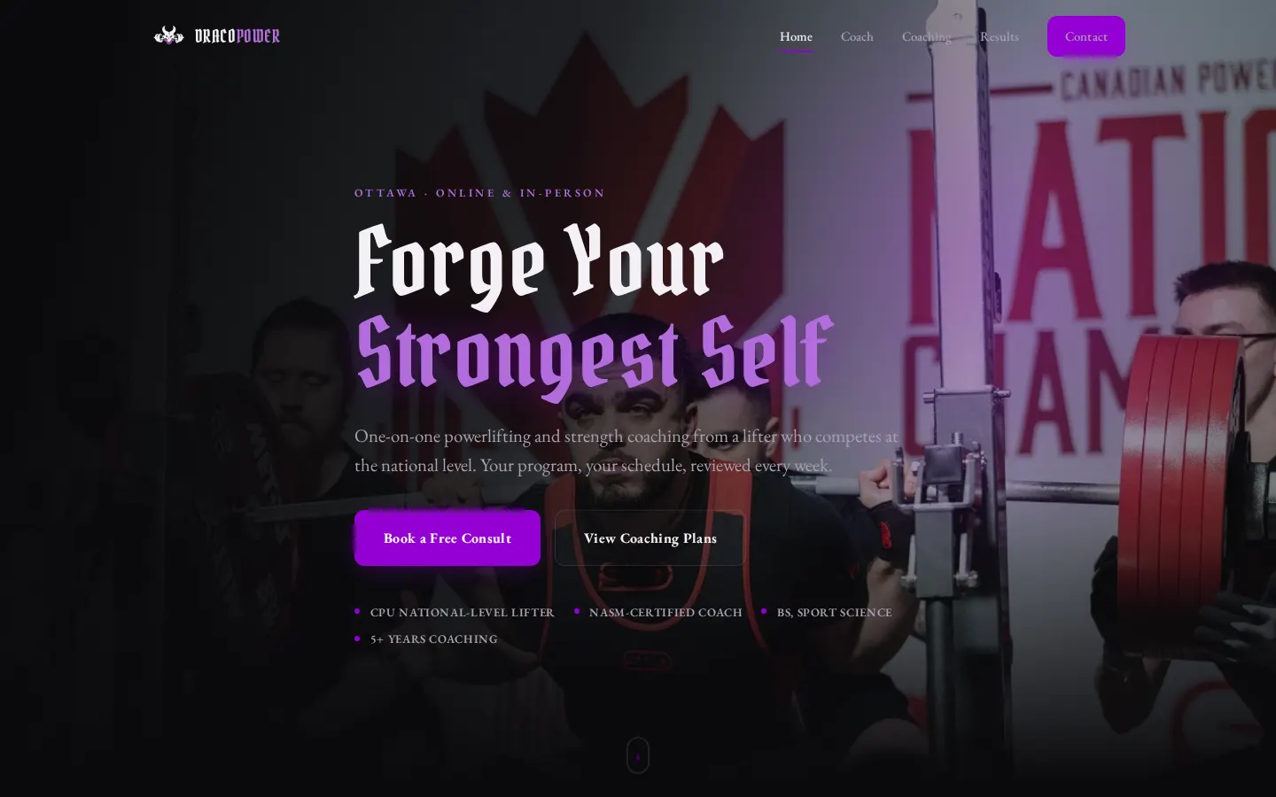 The Draco Power home page: a lifter mid-squat at a national meet behind the headline Forge Your Strongest Self