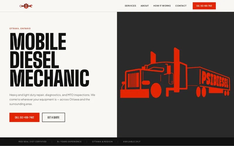 The PSI Diesel Repair home page with the headline Mobile Diesel Mechanic beside a red truck illustration